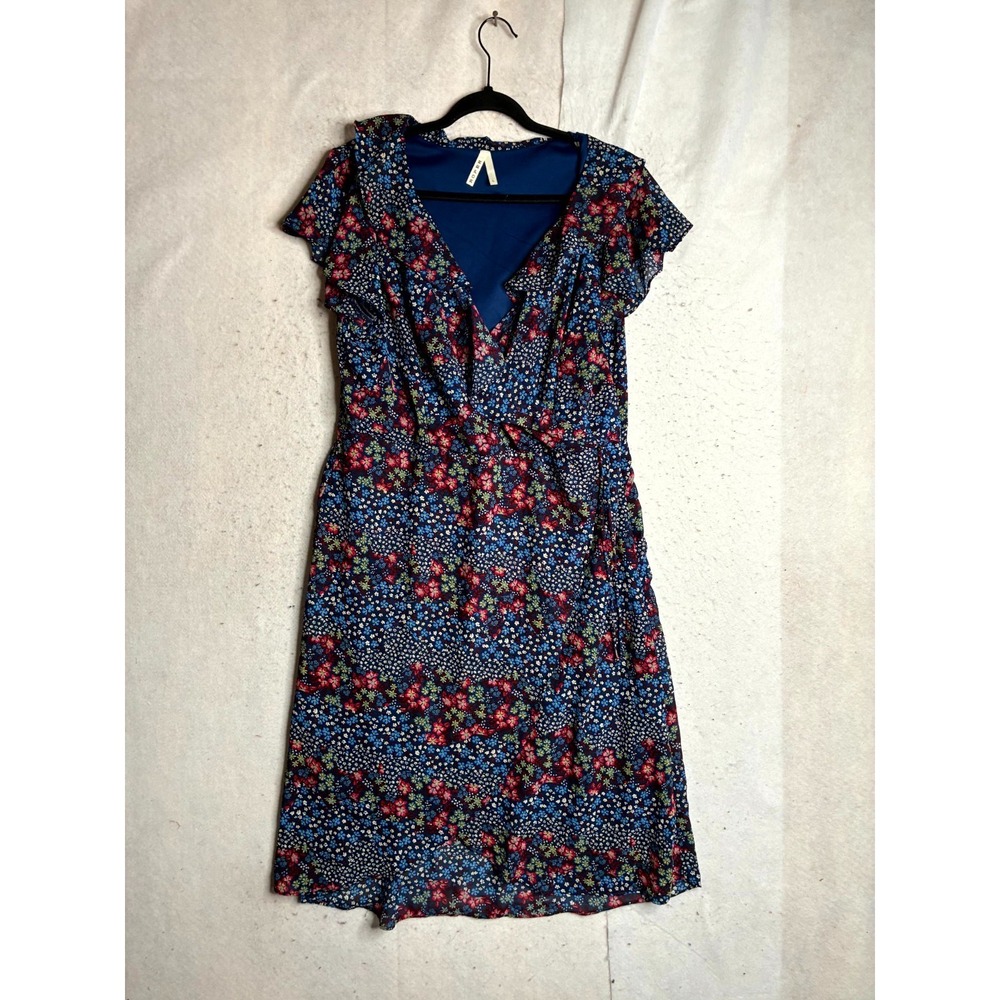Roper Midi Dress Women's Large Multicolor Lined Floral Flutter Sleeve V Neck